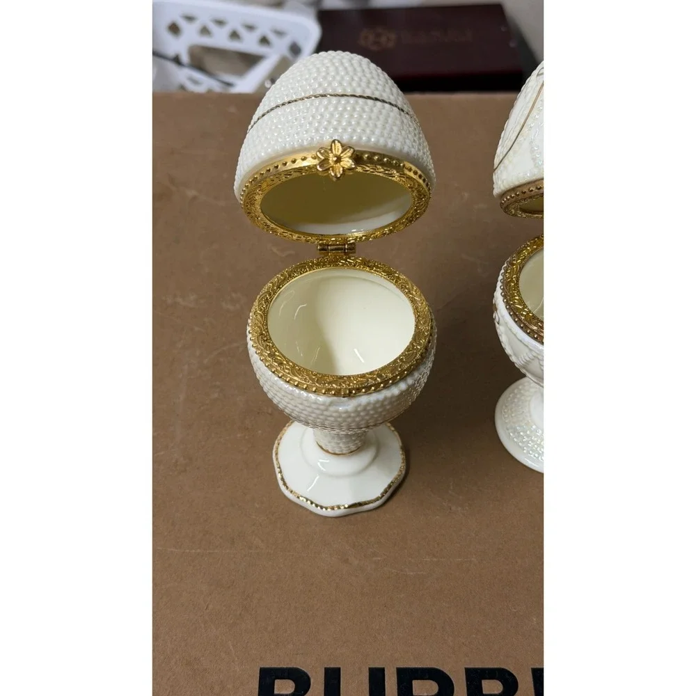 Ivory Elegance Fabergé-Style Hinged Egg Trinket Boxes Set of 2 Gold Trim